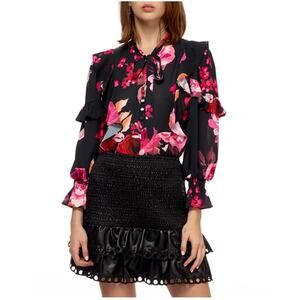 NWT Stellah Tie-Neck Ruffle Long Sleeve Blouse, Pink Autumn Floral, Large, 225$